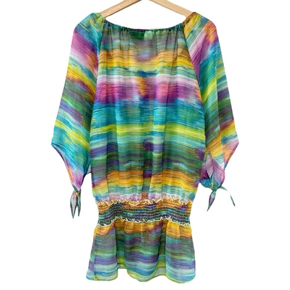 ABS Allen Schwartz Multicolor Sheer Pullover Kimono Oversized Cover-up Blouse XS - Picture 2 of 5